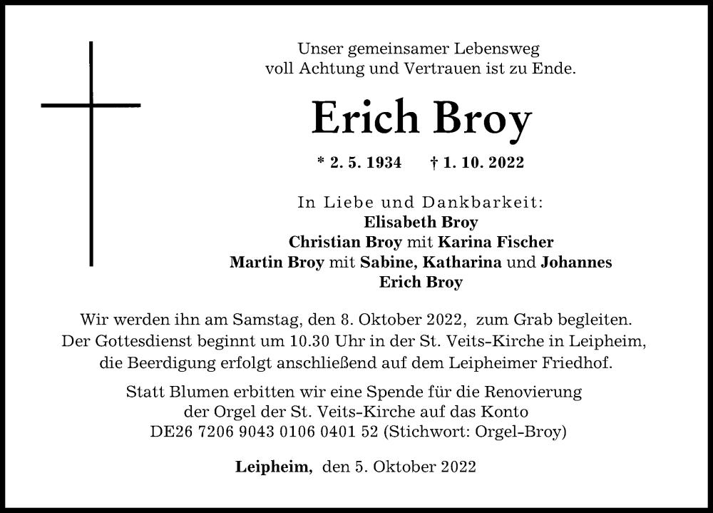  Traueranzeige für Erich Broy vom 05.10.2022 aus Günzburger Zeitung