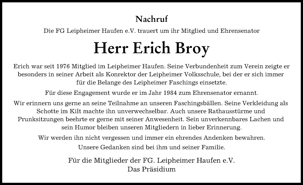 Traueranzeige von Erich Broy von Günzburger Zeitung