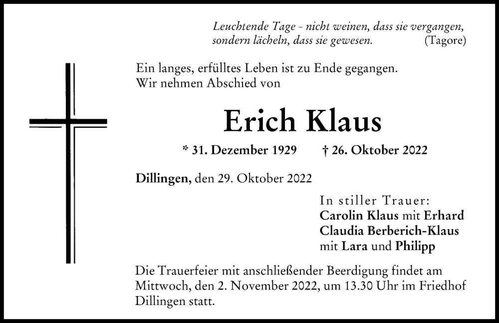 Traueranzeige von Erich Klaus von Donau Zeitung