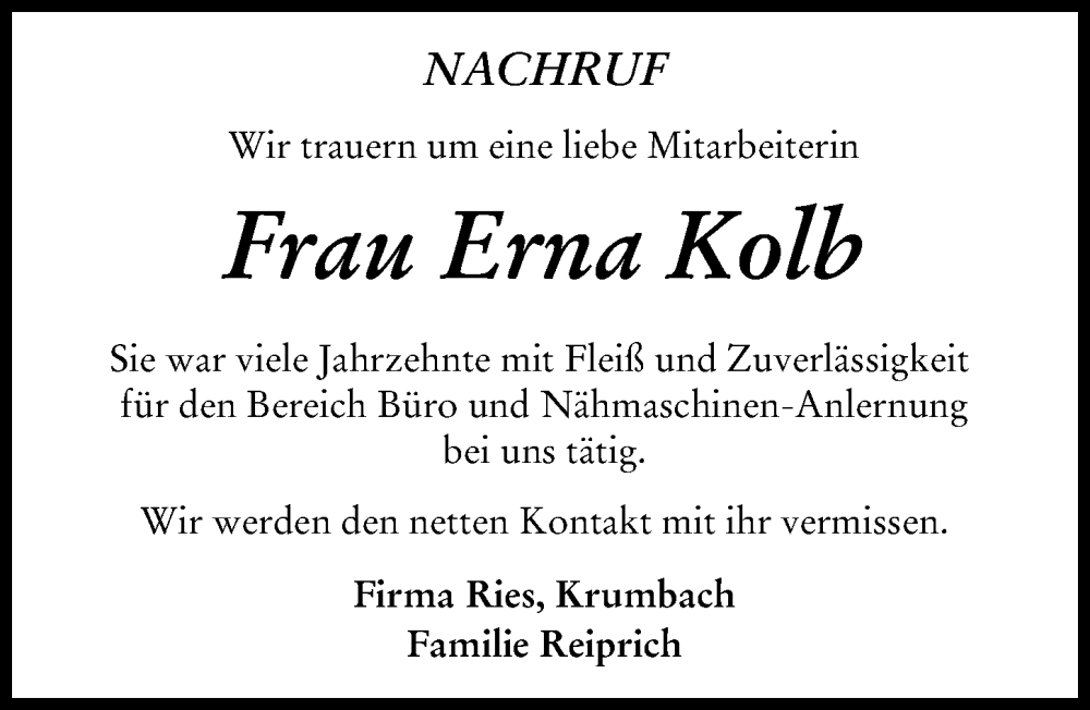  Traueranzeige für Erna Kolb vom 01.10.2022 aus Mittelschwäbische Nachrichten