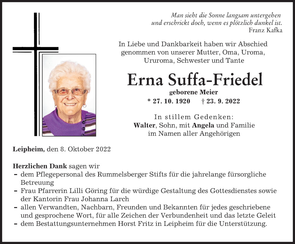 Traueranzeige von Erna Suffa-Friedel von Günzburger Zeitung