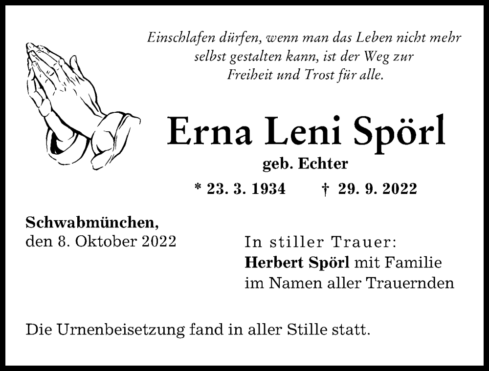 Traueranzeige von Erna Leni Spörl von Schwabmünchner Allgemeine