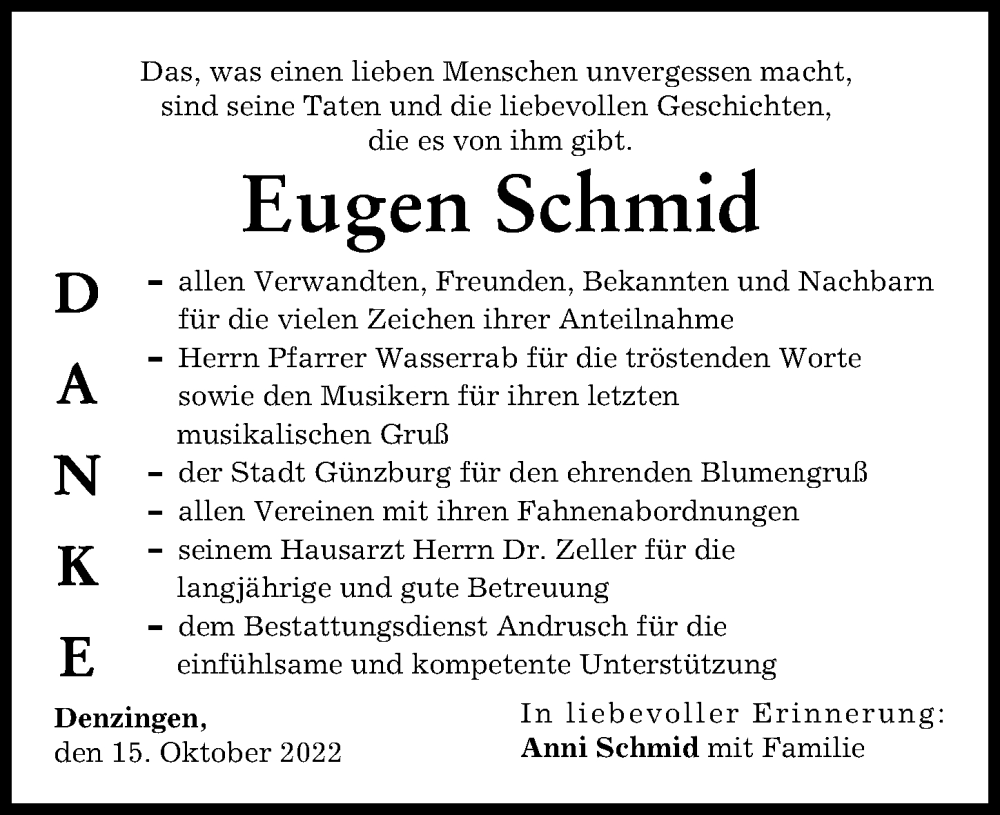  Traueranzeige für Eugen Schmid vom 15.10.2022 aus Günzburger Zeitung