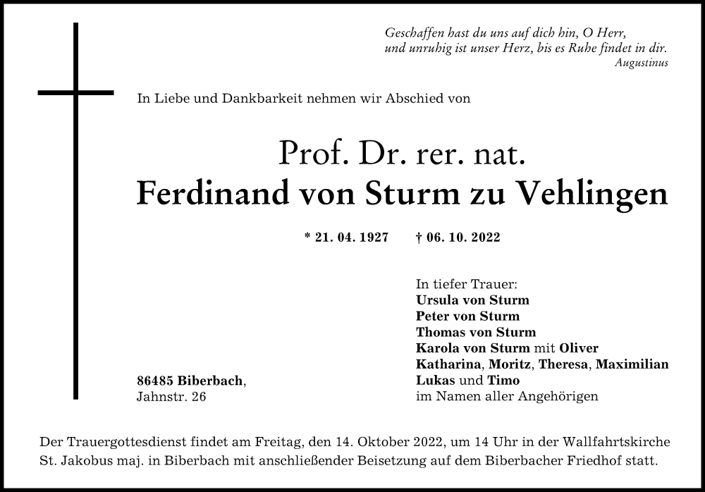  Traueranzeige für Ferdinand von Sturm zu Vehlingen vom 12.10.2022 aus Augsburger Allgemeine