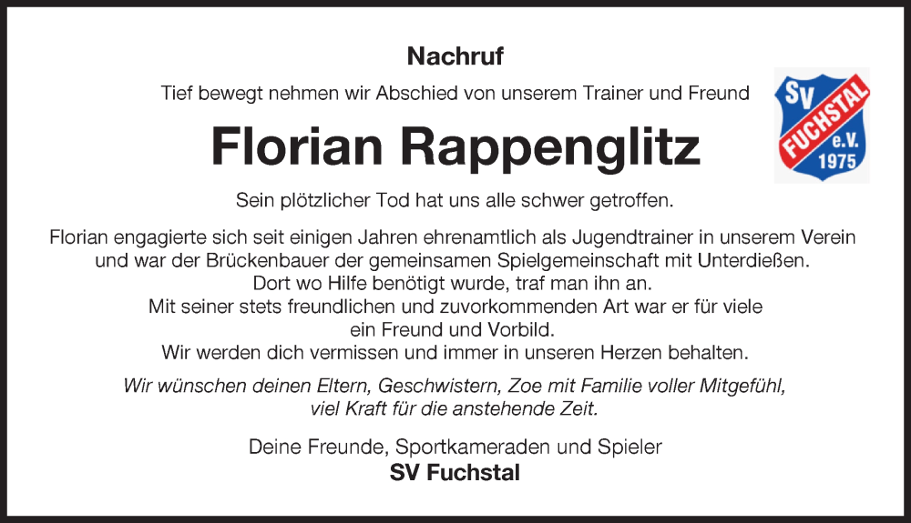  Traueranzeige für Florian Rappenglitz vom 21.10.2022 aus Landsberger Tagblatt