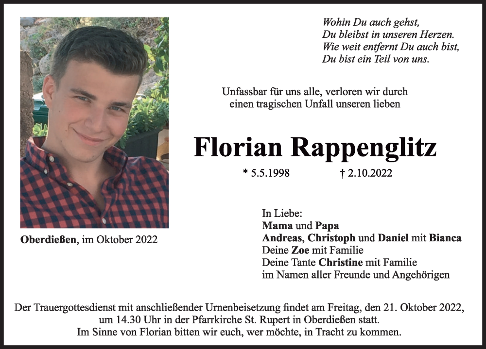 Traueranzeige für Florian Rappenglitz vom 15.10.2022 aus Landsberger Tagblatt