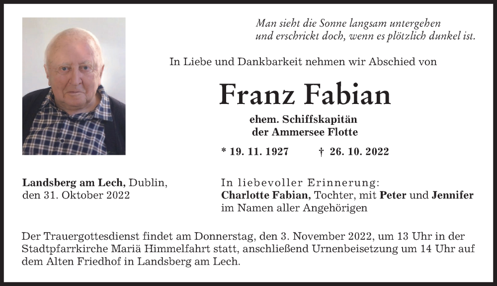 Traueranzeige von Franz Fabian von Landsberger Tagblatt