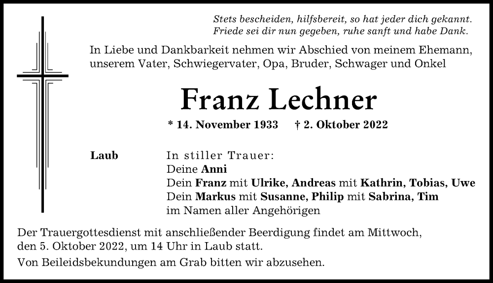  Traueranzeige für Franz Lechner vom 04.10.2022 aus Rieser Nachrichten