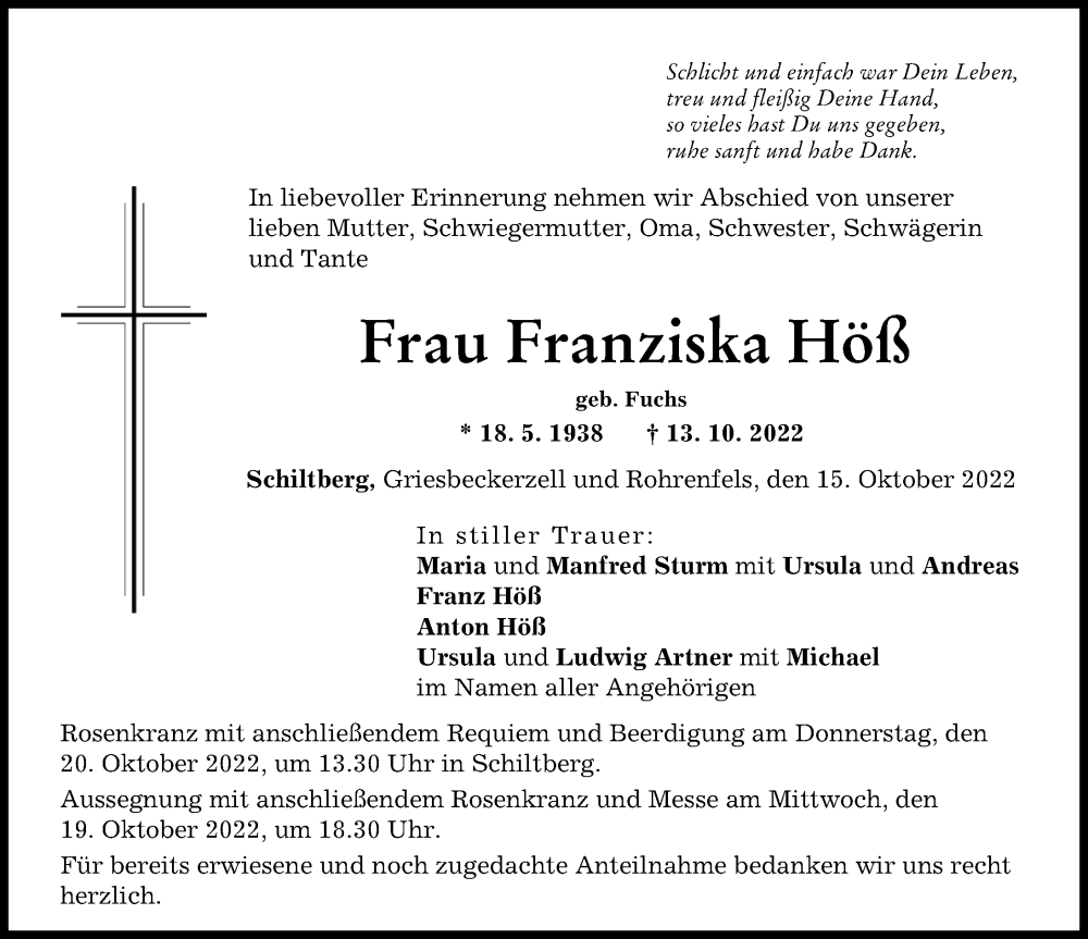 Traueranzeigen von Franziska Höß | Augsburger Allgemeine Zeitung