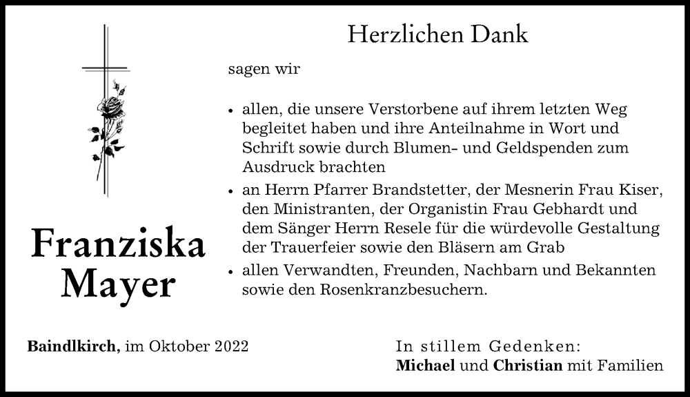  Traueranzeige für Franziska Mayer vom 15.10.2022 aus Friedberger Allgemeine