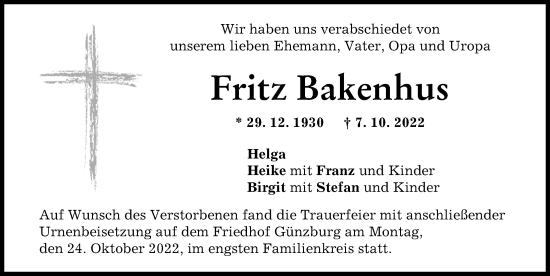 Traueranzeige von Fritz Bakenhus von Günzburger Zeitung