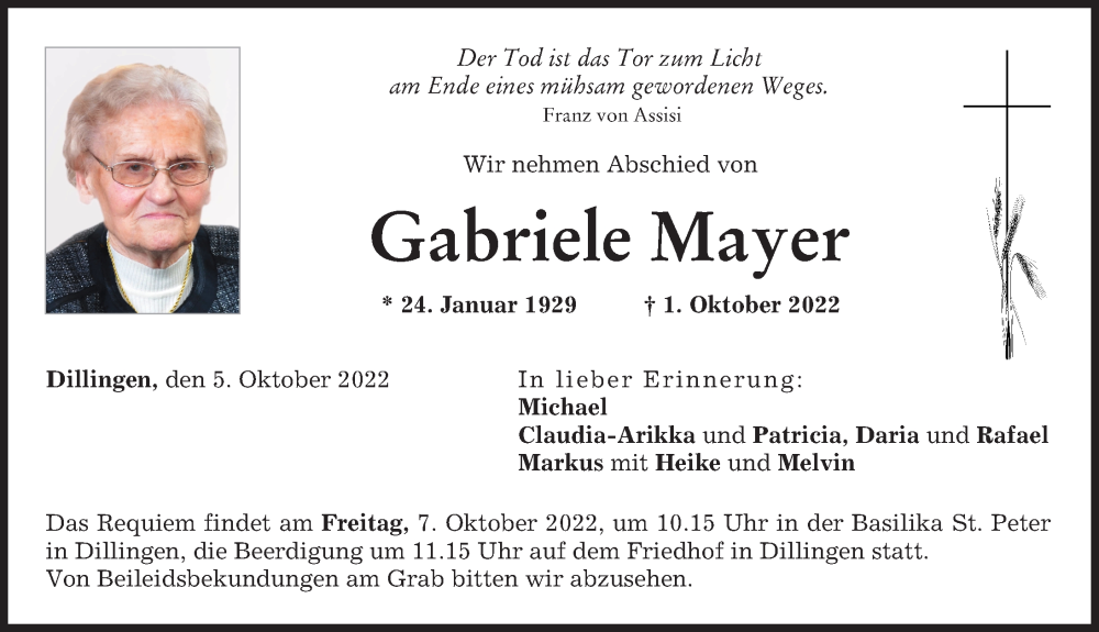 Traueranzeige von Gabriele Mayer von Donau Zeitung