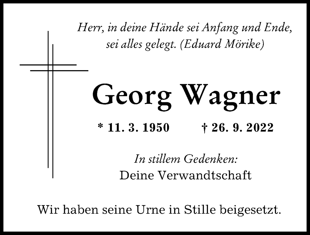 Traueranzeige von Georg Wagner von Donau Zeitung