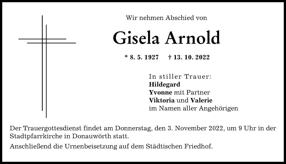 Traueranzeige von Gisela Arnold von Donauwörther Zeitung