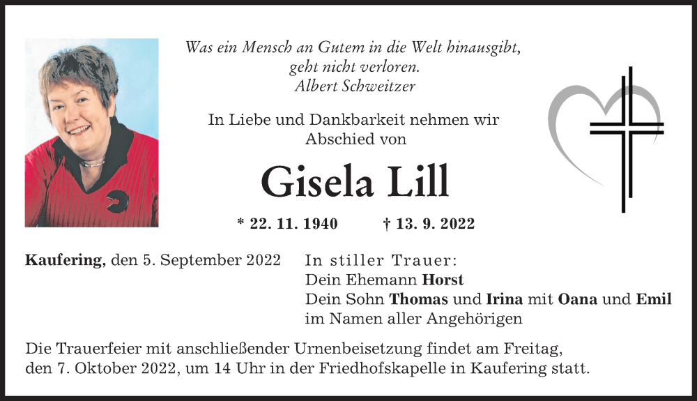 Traueranzeigen Von Gisela Lill Augsburger Allgemeine Zeitung