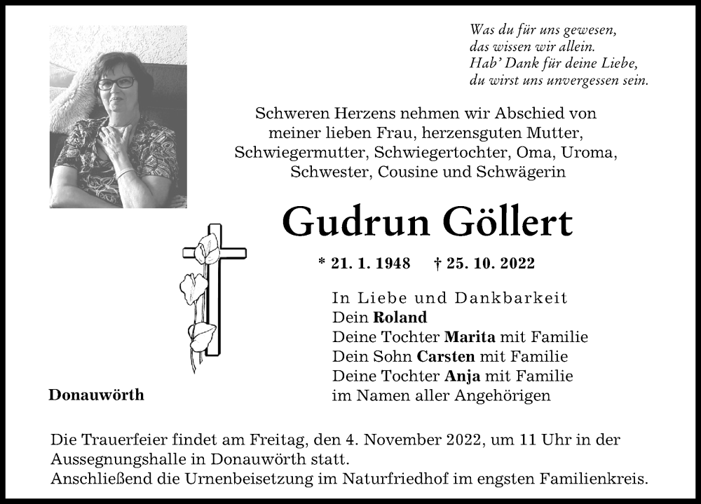 Traueranzeige von Gudrun Göllert von Donauwörther Zeitung