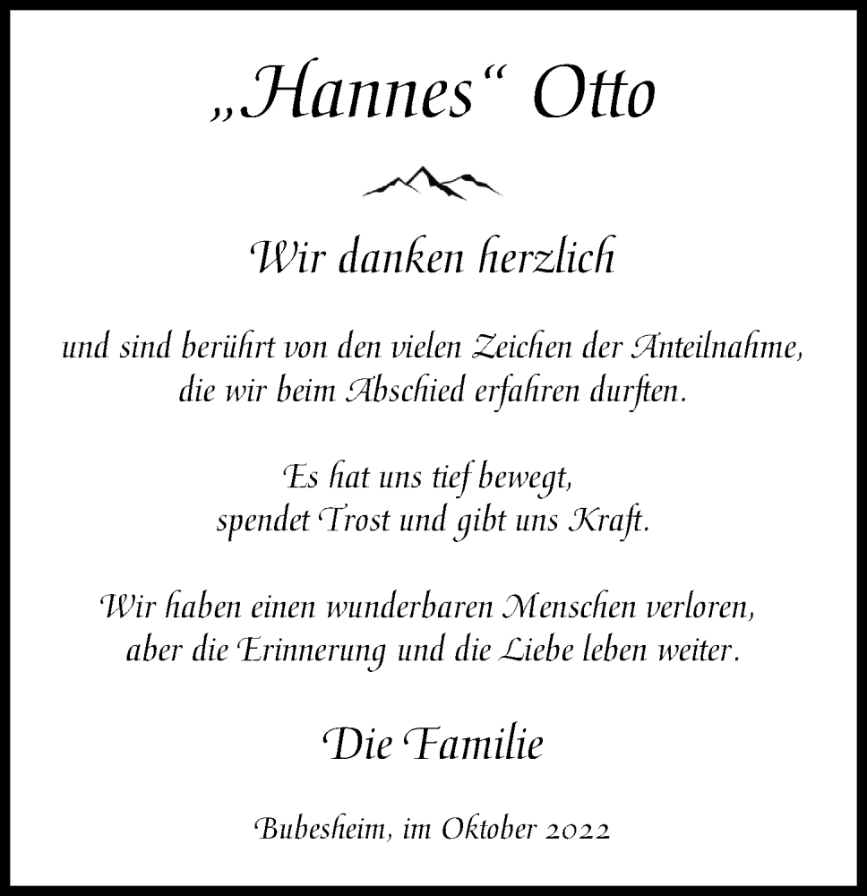 Traueranzeige von Hannes Otto  von Günzburger Zeitung
