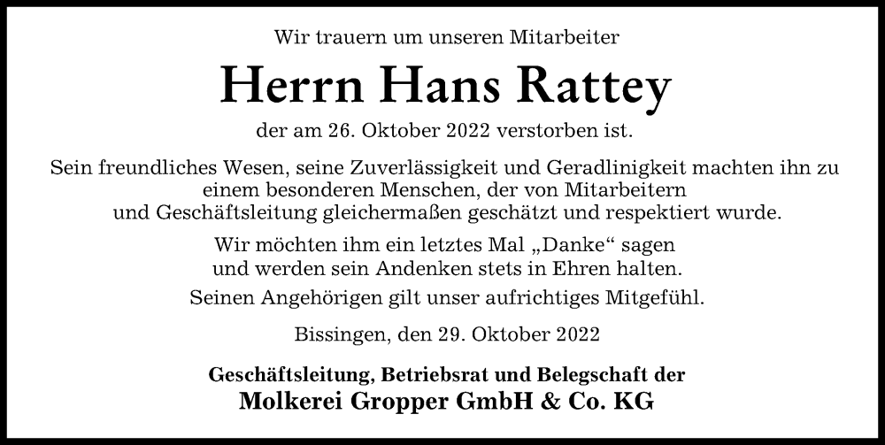  Traueranzeige für Hans Rattey vom 29.10.2022 aus Donau Zeitung