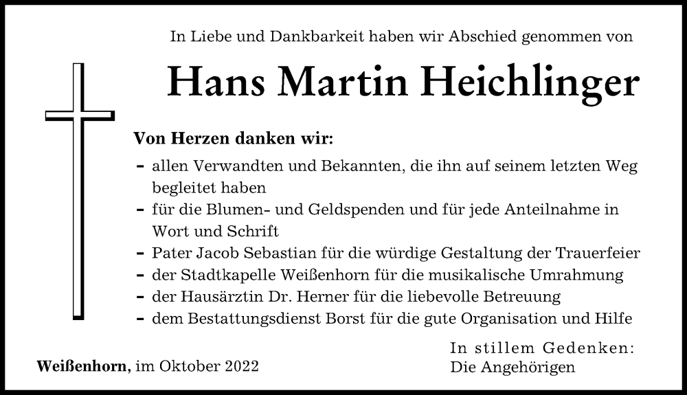  Traueranzeige für Hans Martin Heichlinger vom 08.10.2022 aus Neu-Ulmer Zeitung