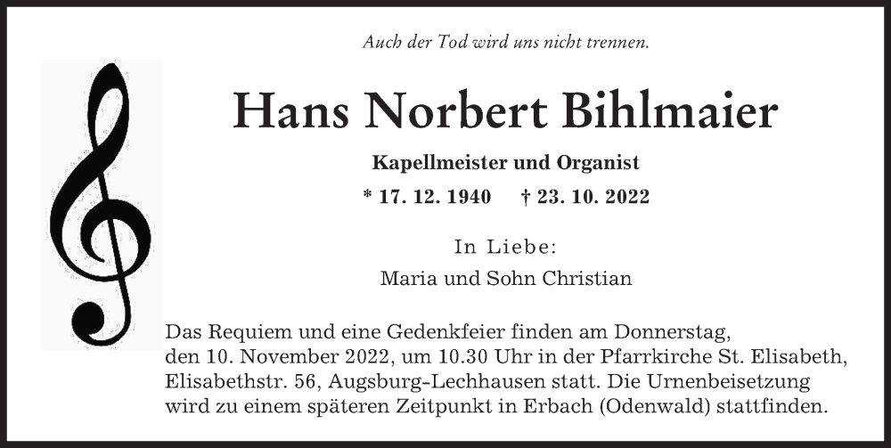  Traueranzeige für Hans Norbert Bihlmaier vom 29.10.2022 aus Augsburger Allgemeine