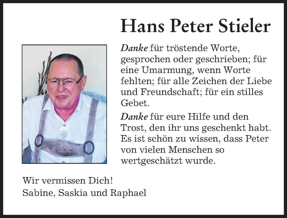 Traueranzeige von Hans Peter Stieler von Augsburger Allgemeine