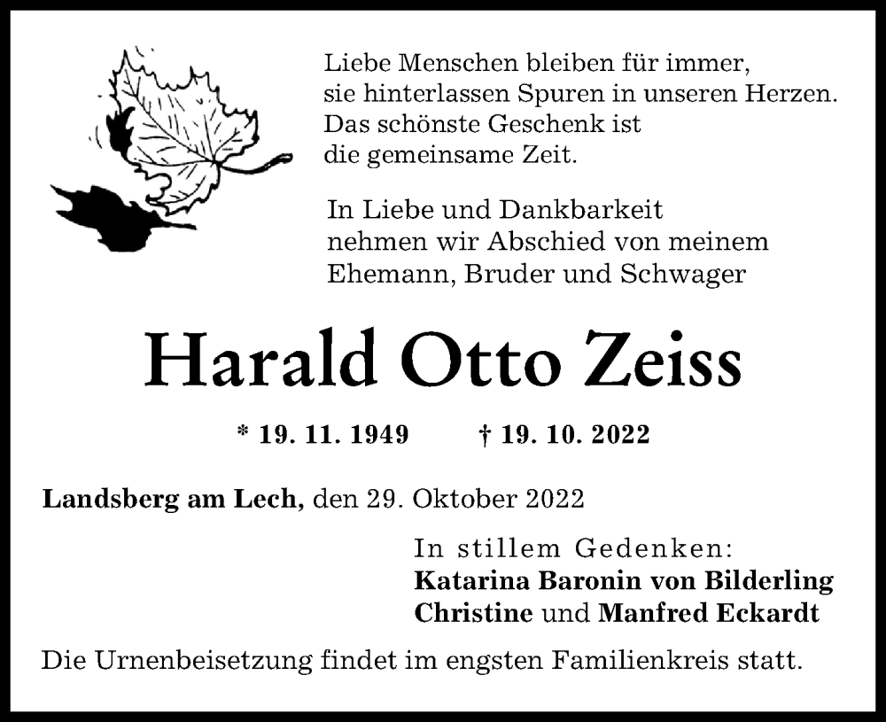 Traueranzeige von Harald Otto Zeiss von Landsberger Tagblatt