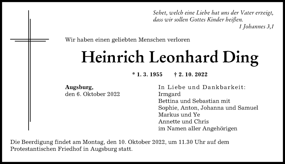  Traueranzeige für Heinrich Leonhard Ding vom 06.10.2022 aus Augsburger Allgemeine