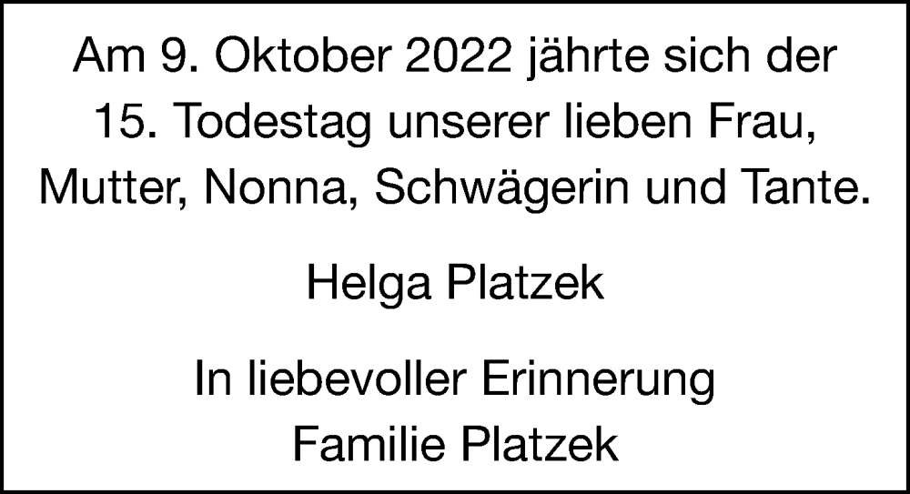  Traueranzeige für Helga Platzek vom 14.10.2022 aus Ammersee Kurier