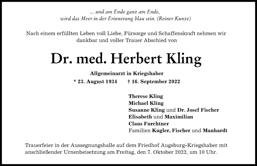 Traueranzeige von Herbert Kling von Augsburger Allgemeine