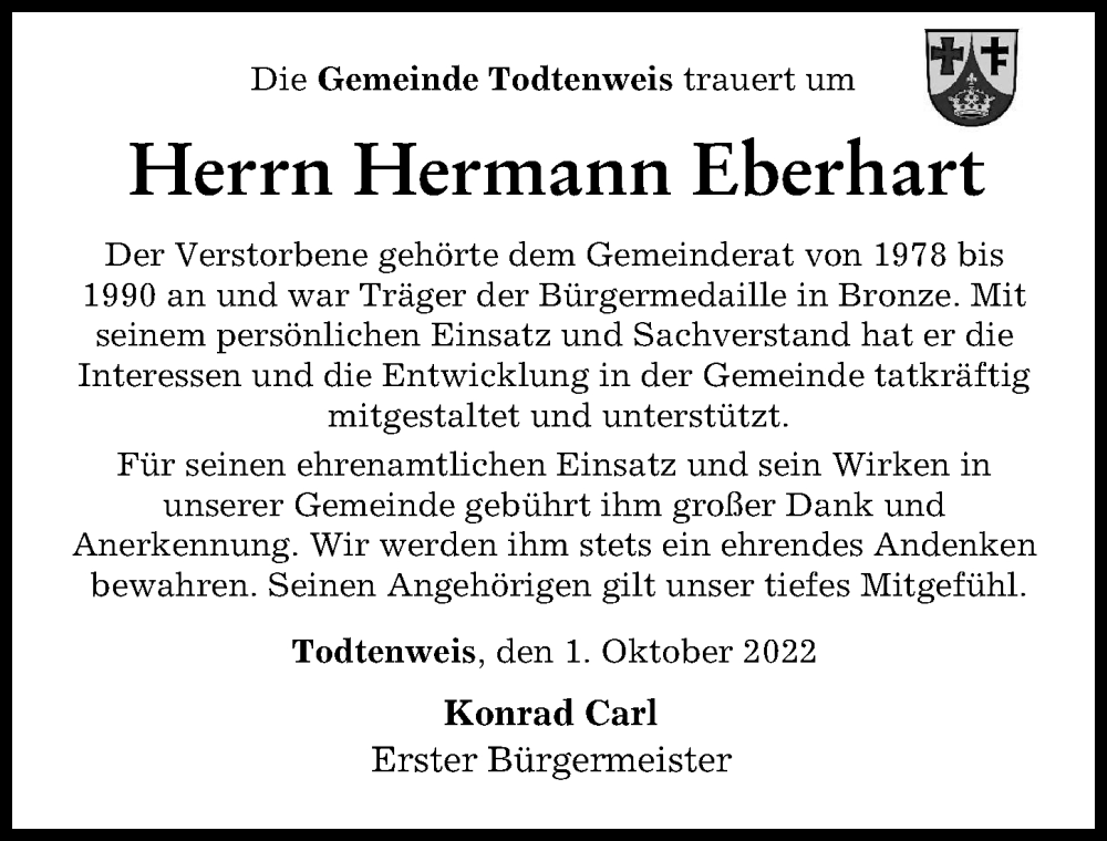  Traueranzeige für Hermann Eberhart vom 01.10.2022 aus Aichacher Nachrichten