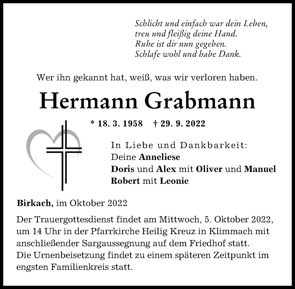  Traueranzeige für Hermann Grabmann vom 01.10.2022 aus Schwabmünchner Allgemeine