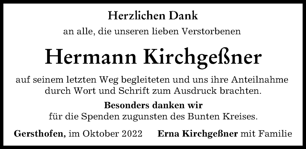  Traueranzeige für Hermann Kirchgeßner vom 15.10.2022 aus Augsburg-Land