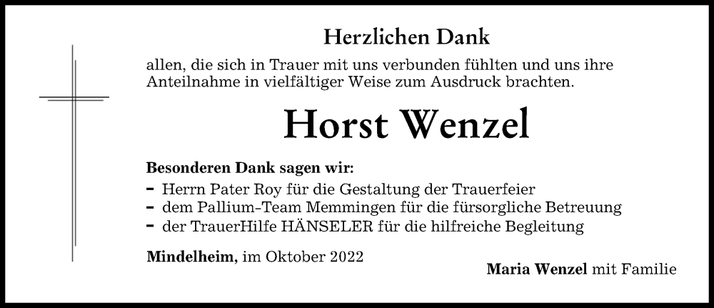  Traueranzeige für Horst Wenzel vom 05.10.2022 aus Mindelheimer Zeitung