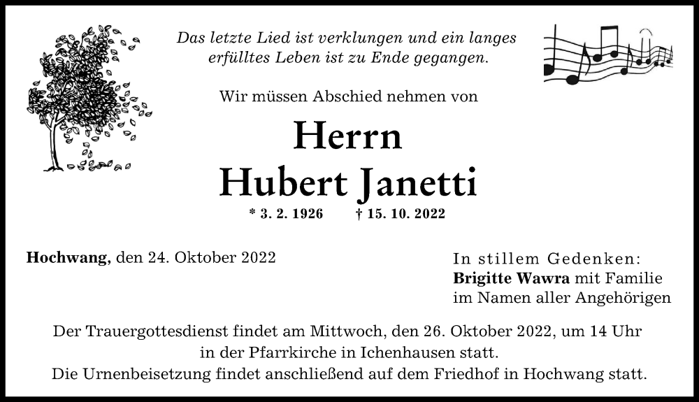 Traueranzeige von Hubert Janetti von Günzburger Zeitung