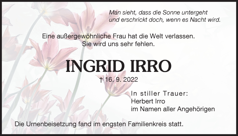Traueranzeige von Ingrid Irro von Augsburger Allgemeine