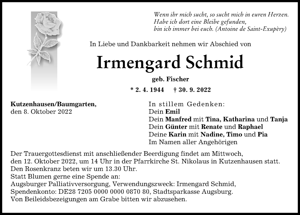 Traueranzeige von Irmengard Schmid von Augsburger Allgemeine