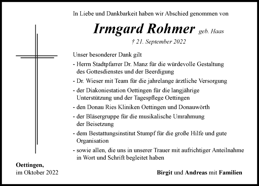  Traueranzeige für Irmgard Rohmer vom 08.10.2022 aus Rieser Nachrichten