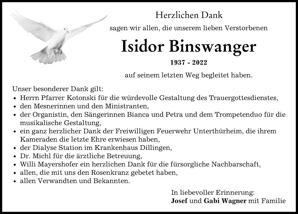  Traueranzeige für Isidor Binswanger vom 15.10.2022 aus Wertinger Zeitung