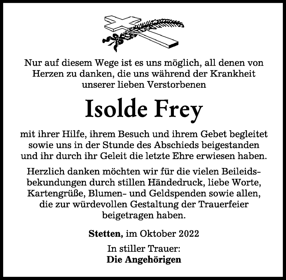 Traueranzeige für Isolde Frey vom 11.10.2022 aus Mindelheimer Zeitung