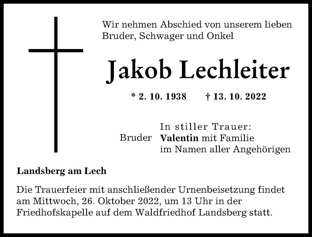 Traueranzeige von Jakob Lechleiter von Landsberger Tagblatt