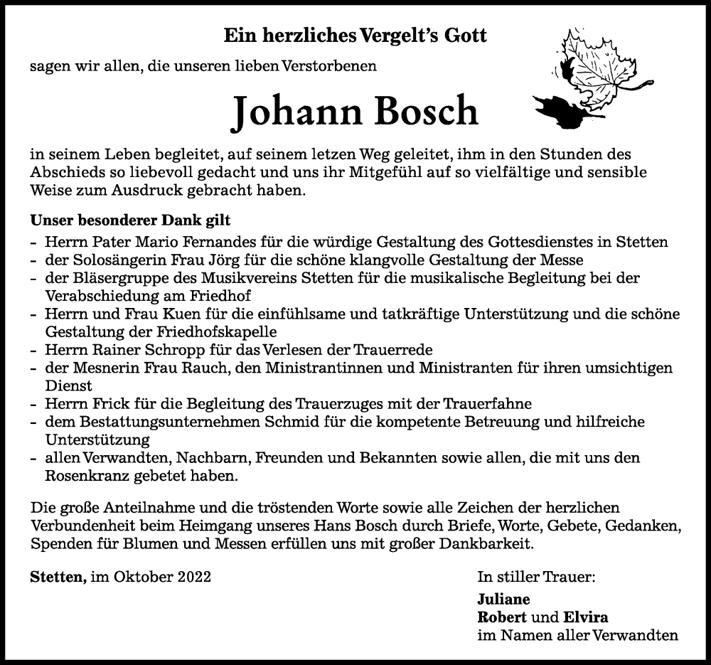 Traueranzeige von Johann Bosch von Mindelheimer Zeitung