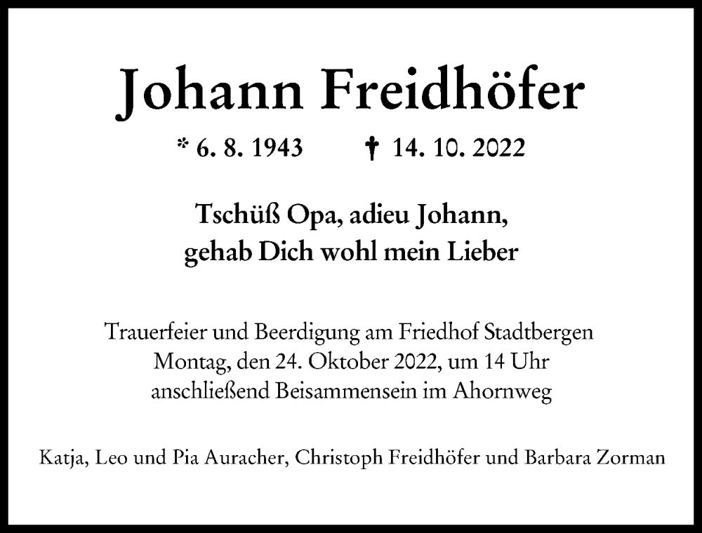 Traueranzeige von Johann Freidhöfer von Augsburger Allgemeine