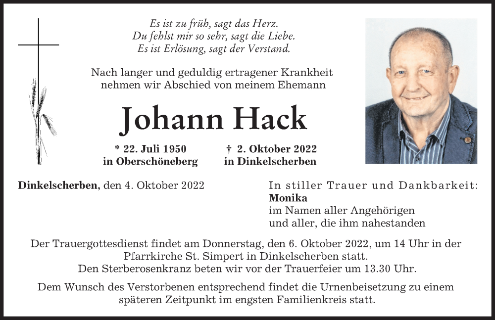  Traueranzeige für Johann Hack vom 04.10.2022 aus Augsburger Allgemeine