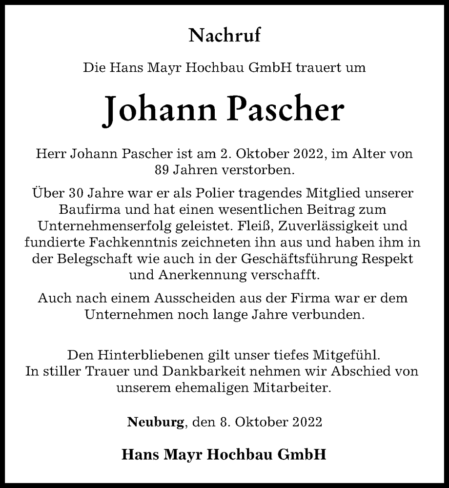  Traueranzeige für Johann Pascher vom 08.10.2022 aus Neuburger Rundschau