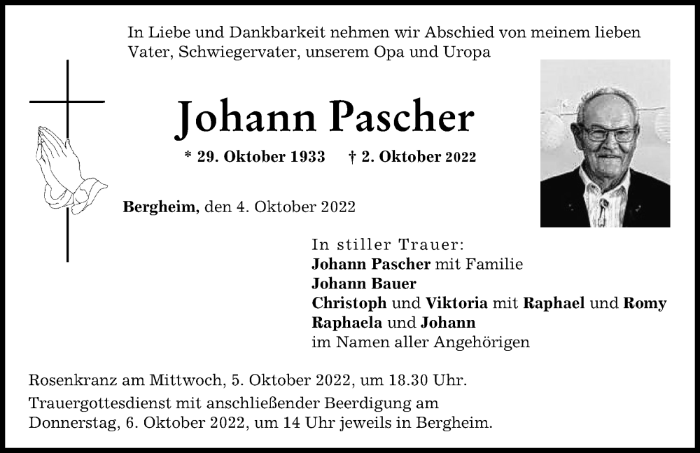  Traueranzeige für Johann Pascher vom 04.10.2022 aus Neuburger Rundschau