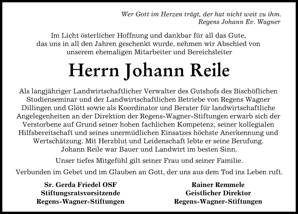 Traueranzeige von Johann Reile von Wertinger Zeitung, Donau Zeitung