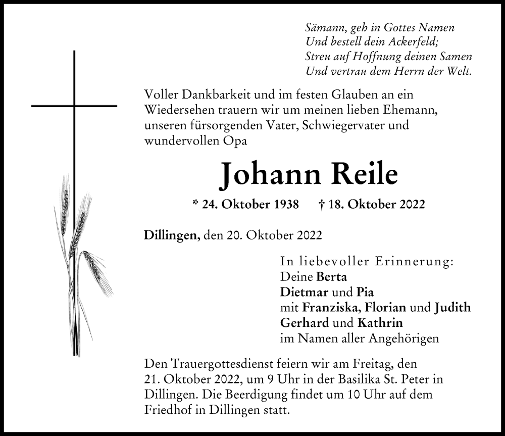 Traueranzeige von Johann Reile von Donau Zeitung