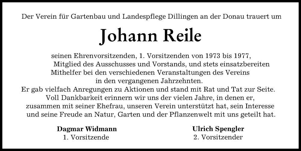 Traueranzeige von Johann Reile von Donau Zeitung