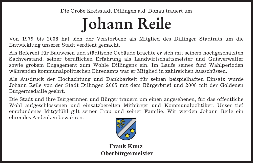 Traueranzeige von Johann Reile von Donau Zeitung