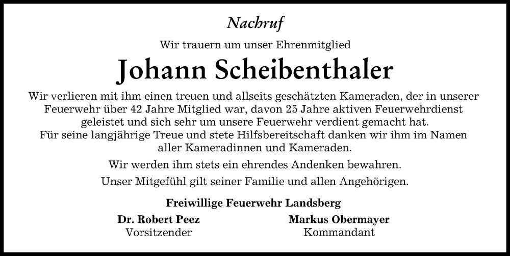 Traueranzeige von Johann Scheibenthaler von Landsberger Tagblatt